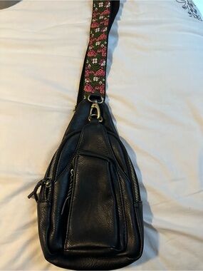 Black Vegan Crossbody Sling Bag with Floral Strap